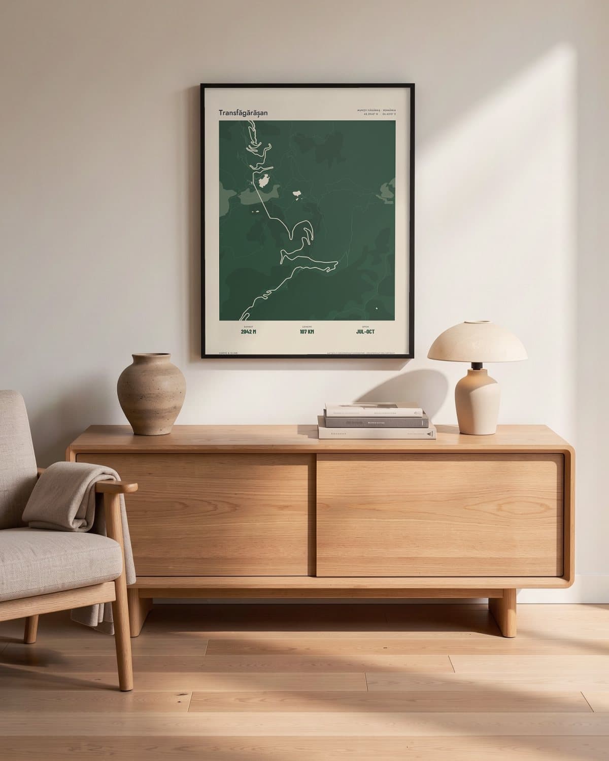 Transfăgărășan Atlas Forest map poster in a black frame (45 × 60 cm) in a living room