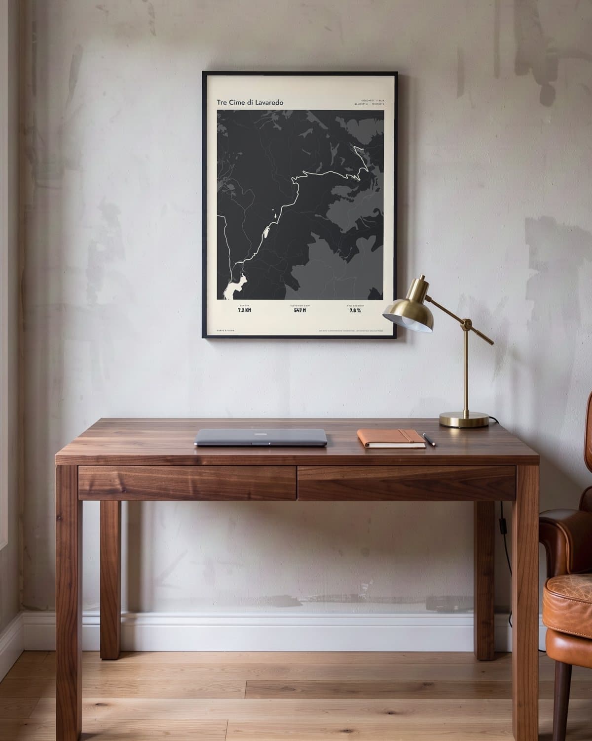 Tre Cime di Lavaredo Atlas Black map poster in a black frame (45 × 60 cm) in a home office