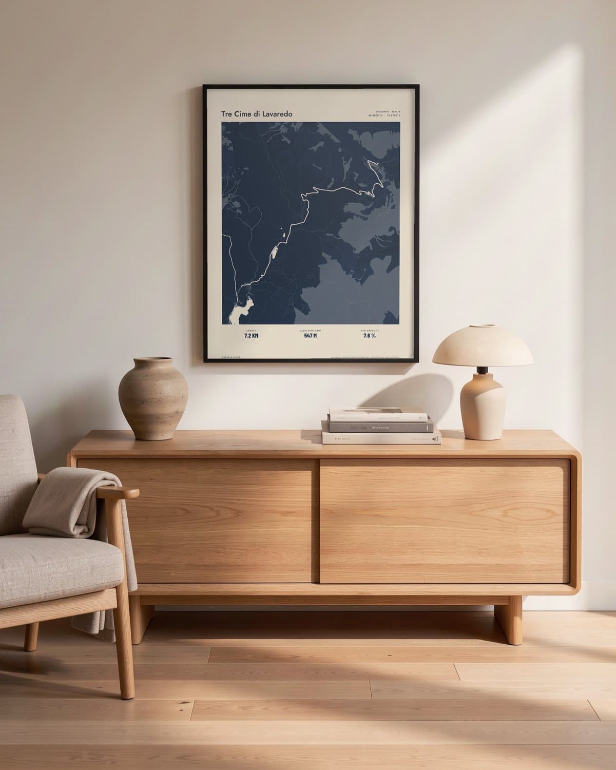 Tre Cime di Lavaredo Atlas Navy map poster in a black frame (45 × 60 cm) in a living room