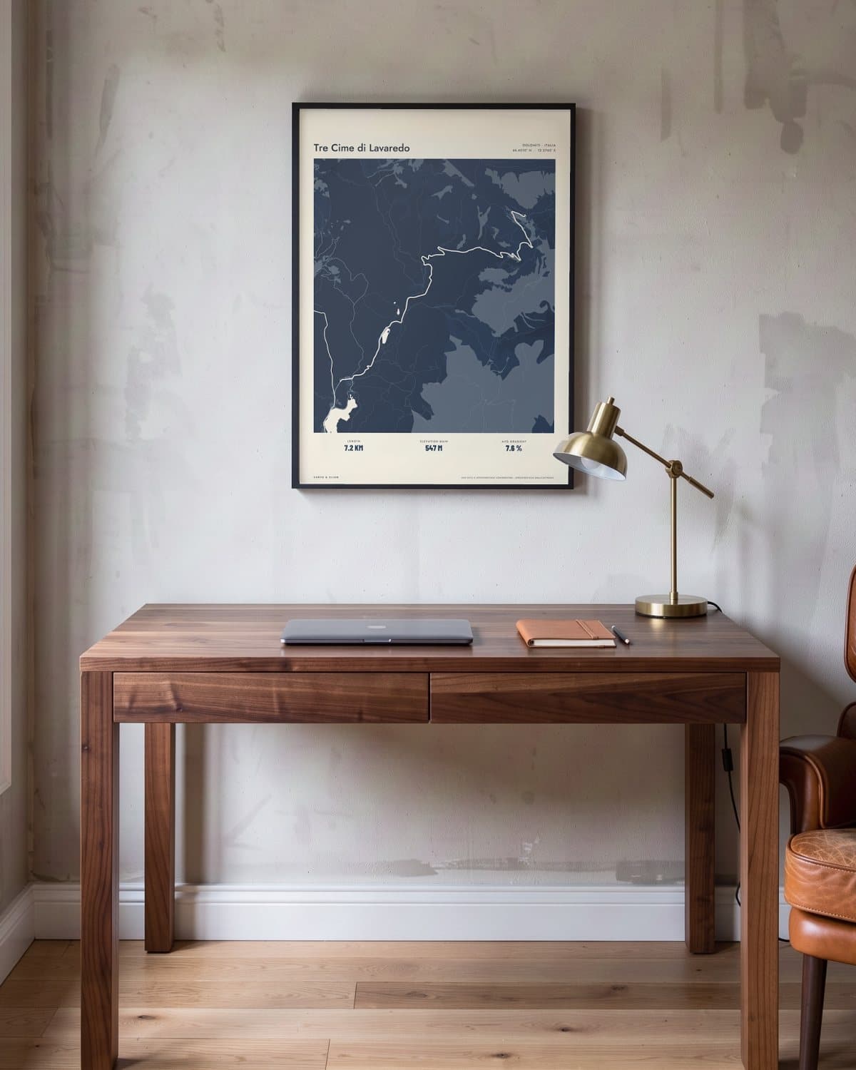Tre Cime di Lavaredo Atlas Navy map poster in a black frame (45 × 60 cm) in a home office
