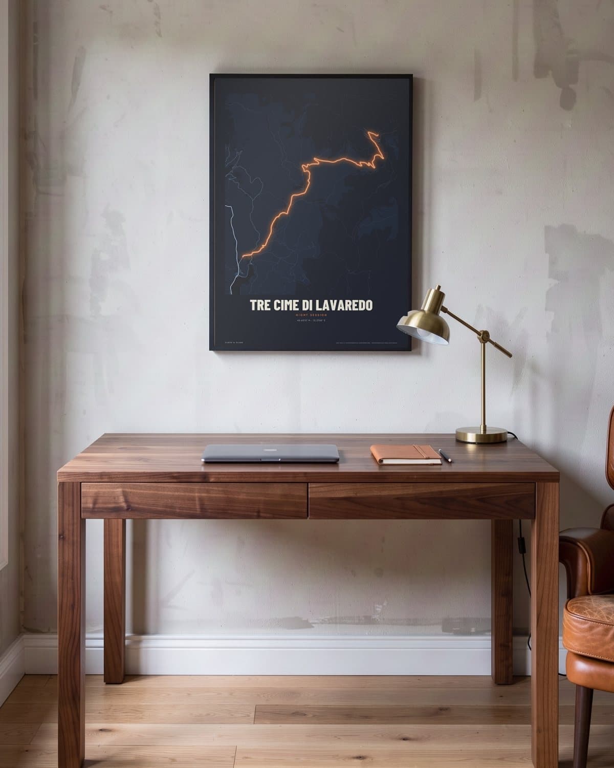 Tre Cime di Lavaredo Night Session map poster in a black frame (45 × 60 cm) in a home office
