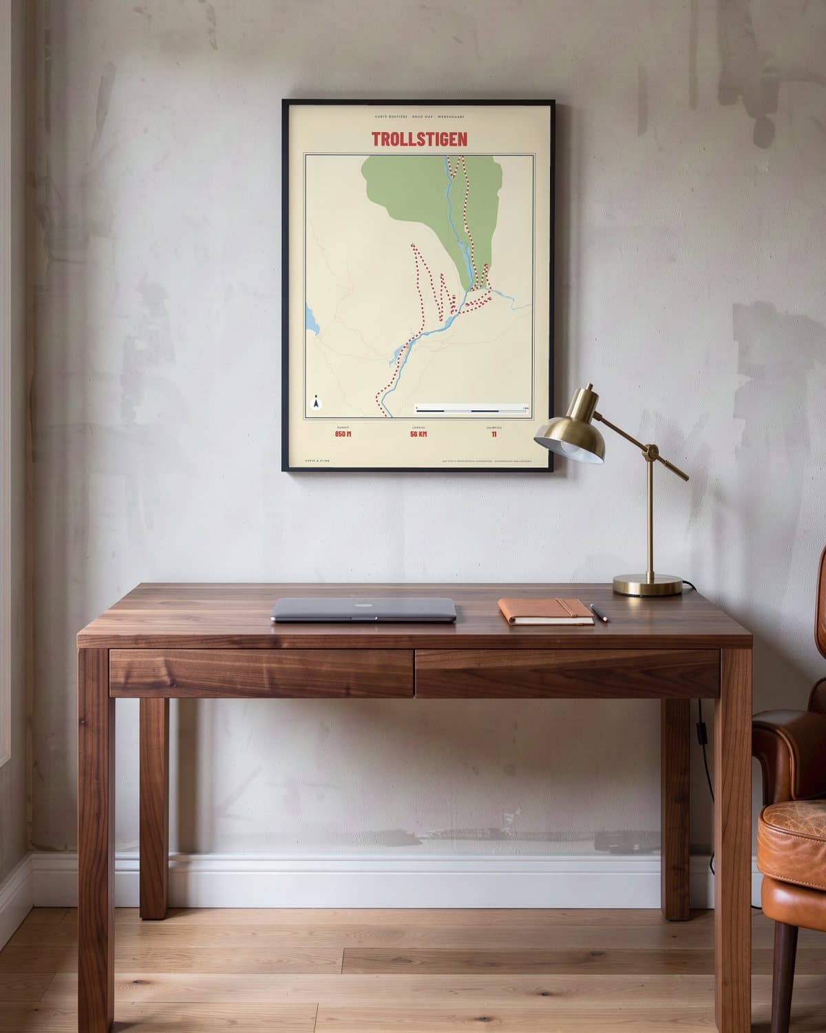 Trollstigen Carte Routière map poster in a black frame (45 × 60 cm) in a home office