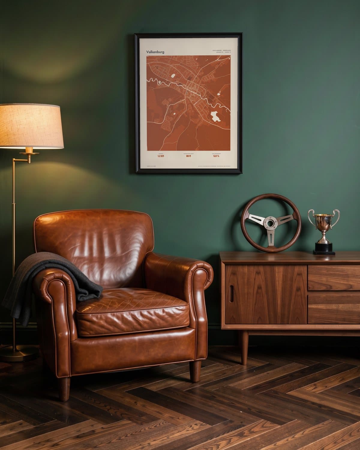 Valkenburg Atlas Burnt Orange map poster in a black frame (45 × 60 cm) in a green den
