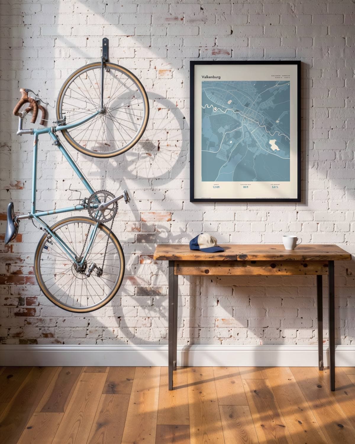 Valkenburg Atlas Dusky Blue kaartposter in een zwarte lijst (45 × 60 cm) in een loft met een klassieke racefiets
