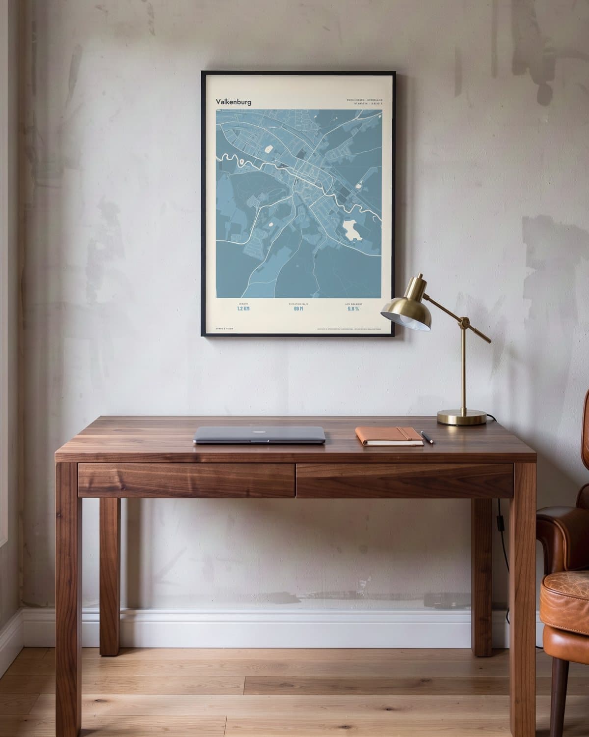 Valkenburg Atlas Dusky Blue kaartposter in een zwarte lijst (45 × 60 cm) in een werkkamer