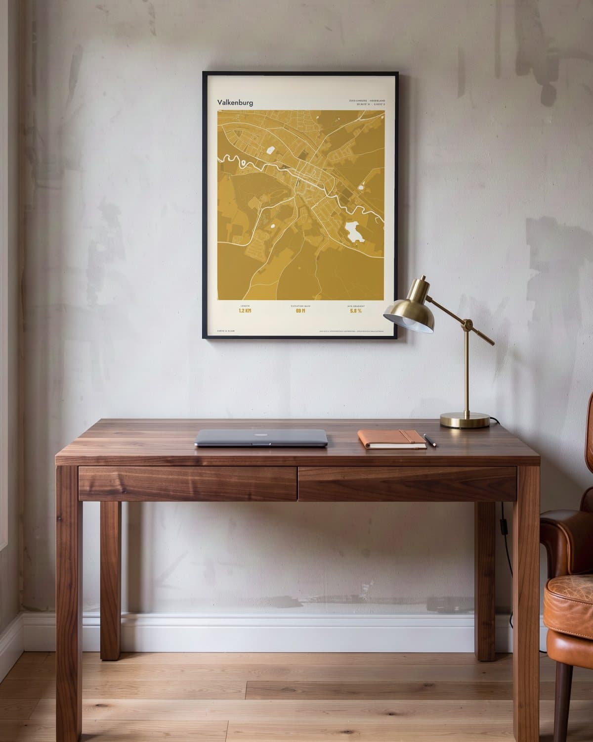 Valkenburg Atlas Mustard map poster in a black frame (45 × 60 cm) in a home office