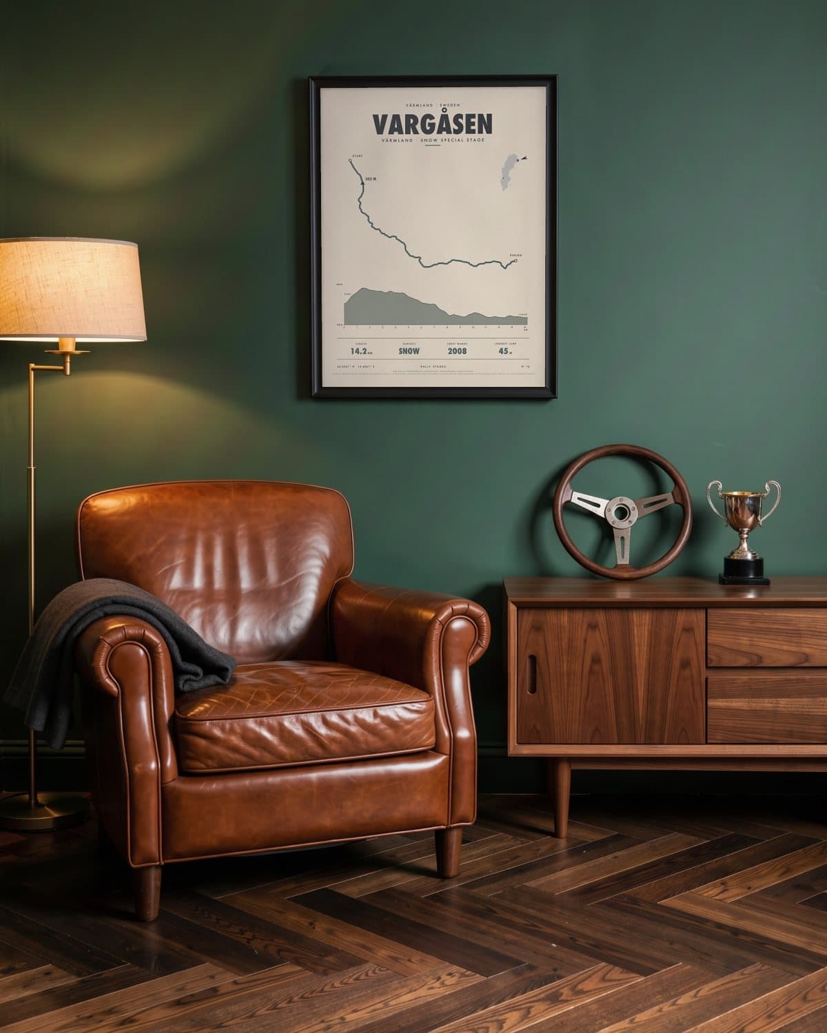 Vargåsen rally stage poster in a black frame (45 × 60 cm) in a green den