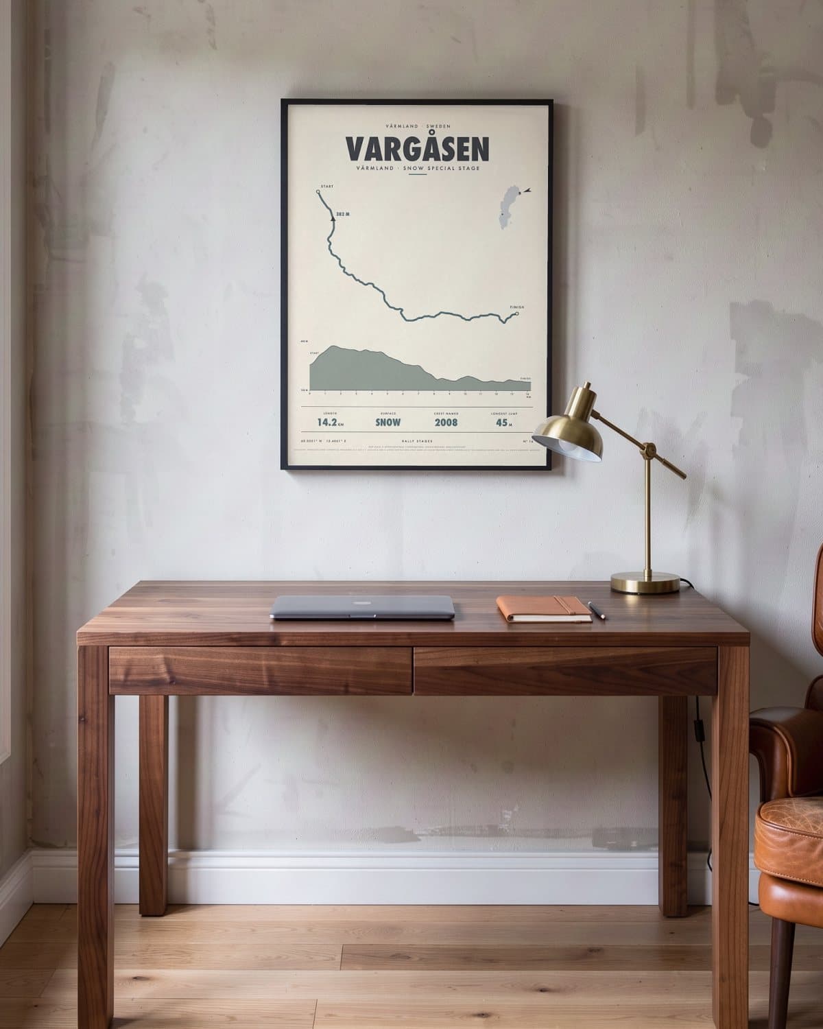 Vargåsen rally stage poster in a black frame (45 × 60 cm) in a home office