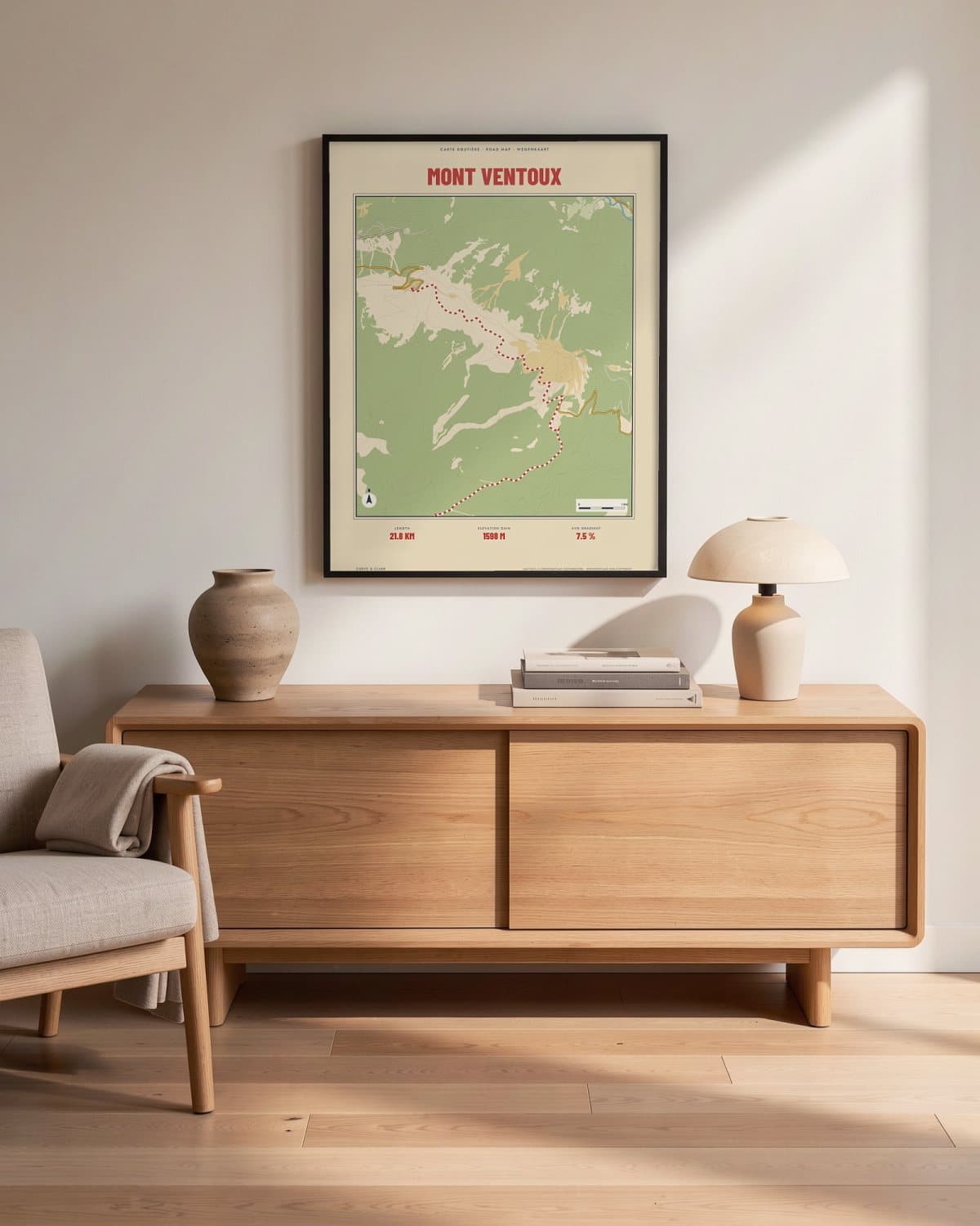 Mont Ventoux Carte Routière map poster in a black frame (45 × 60 cm) in a living room