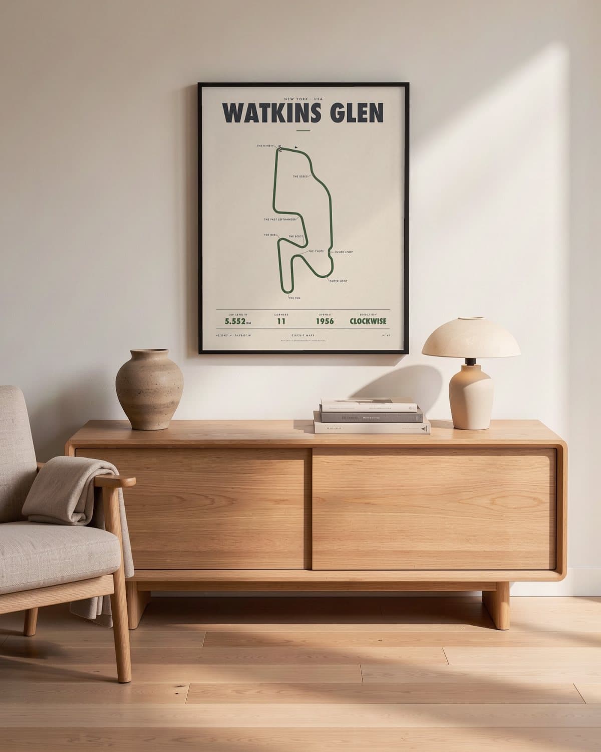 Watkins Glen circuit poster in a black frame (45 × 60 cm) in a living room