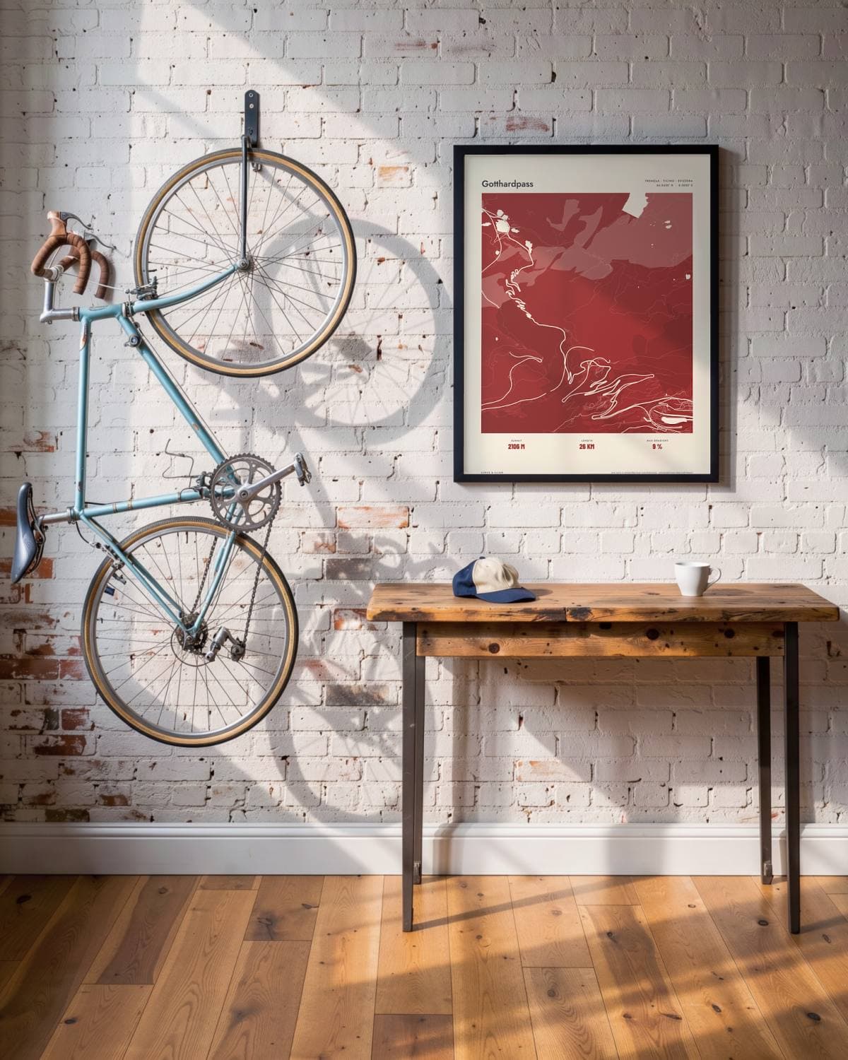Gotthardpass Atlas Deep Red kaartposter in een zwarte lijst (45 × 60 cm) in een loft met een klassieke racefiets
