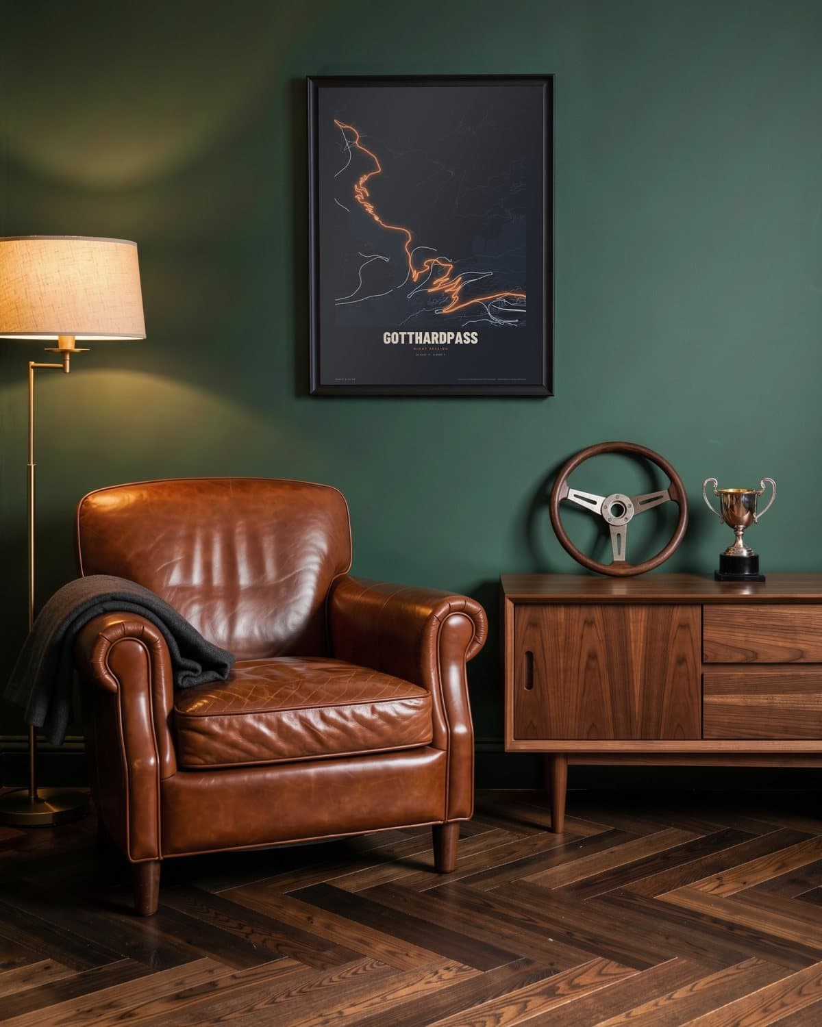 Gotthardpass Night Session map poster in a black frame (45 × 60 cm) in a green den