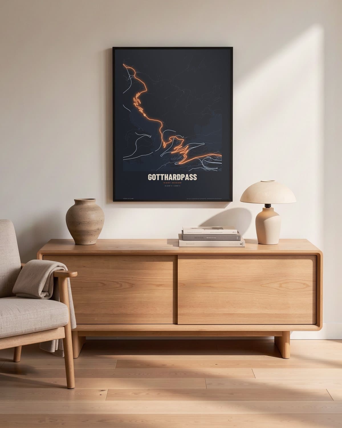 Gotthardpass Night Session map poster in a black frame (45 × 60 cm) in a living room