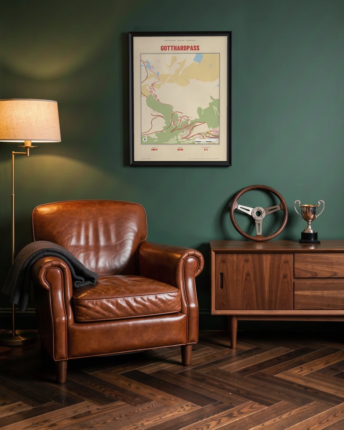 Gotthardpass Carte Routière map poster in a black frame (45 × 60 cm) in a green den