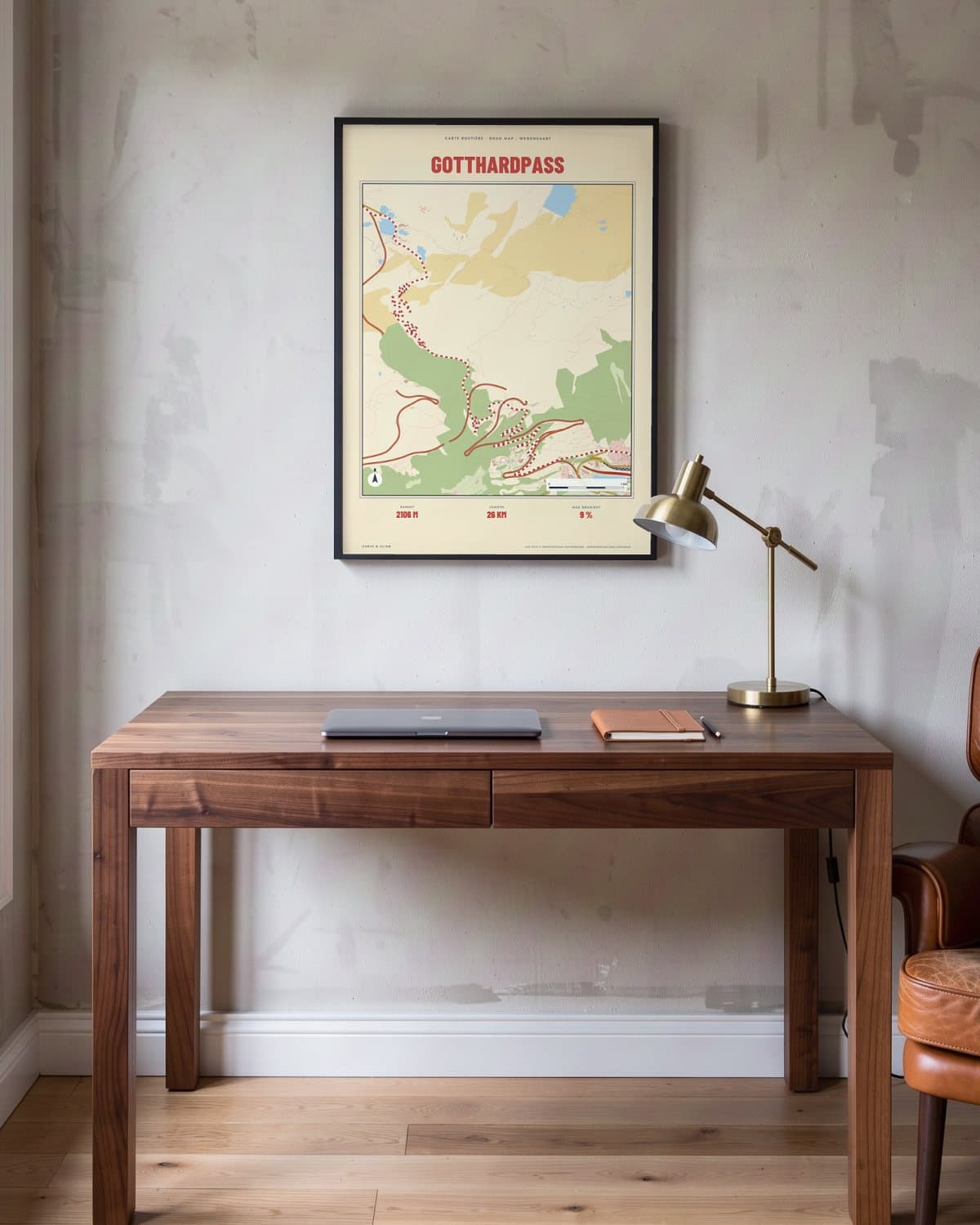 Gotthardpass Carte Routière map poster in a black frame (45 × 60 cm) in a home office
