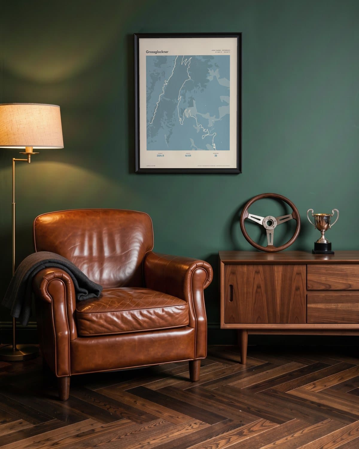 Grossglockner Atlas Dusky Blue map poster in a black frame (45 × 60 cm) in a green den