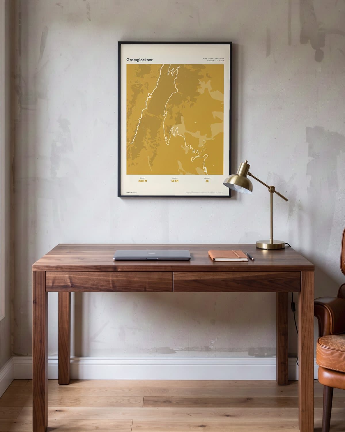 Grossglockner Atlas Mustard map poster in a black frame (45 × 60 cm) in a home office