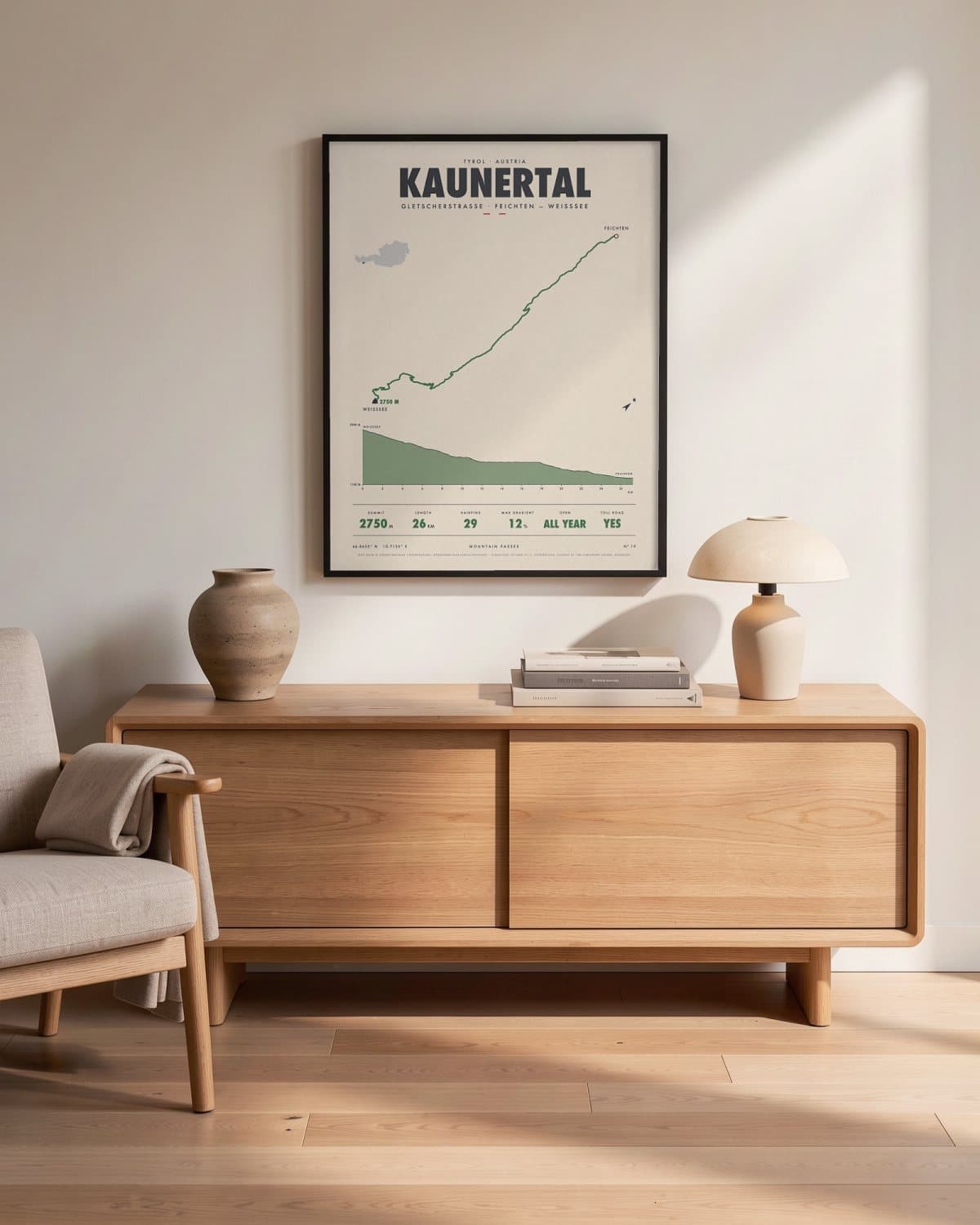 Kaunertal mountain pass poster in a black frame (45 × 60 cm) in a living room
