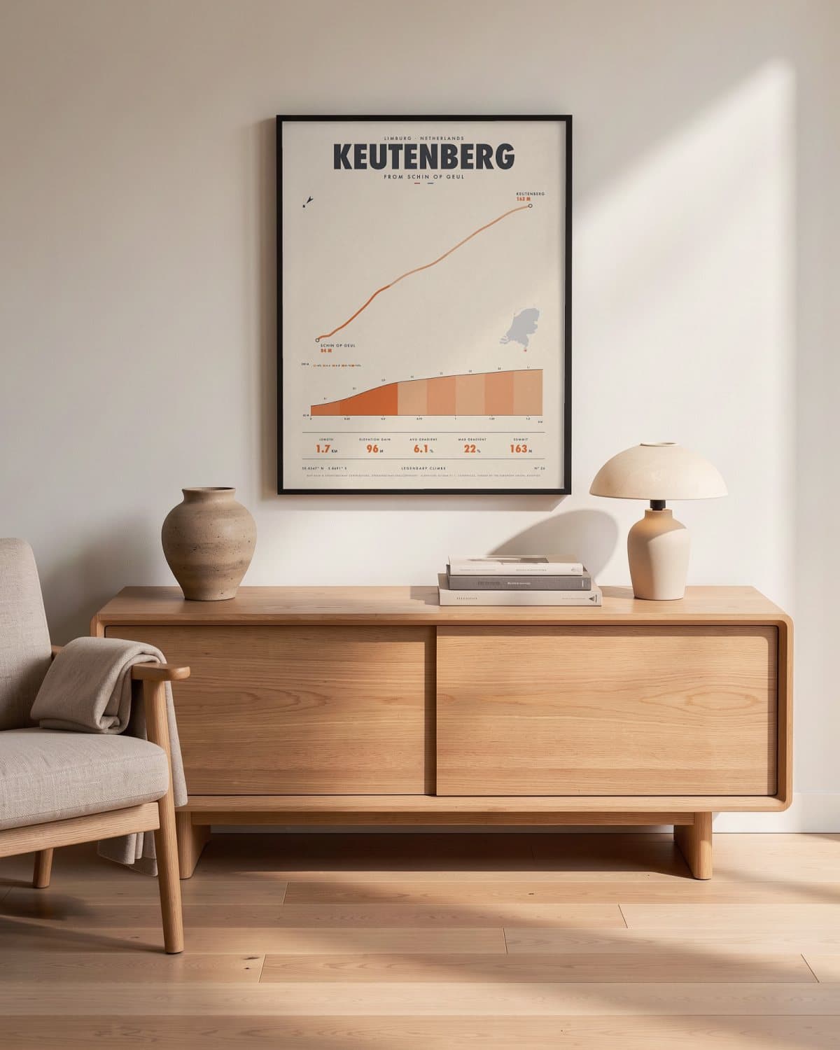 Keutenberg cycling climb poster in a black frame (45 × 60 cm) in a living room