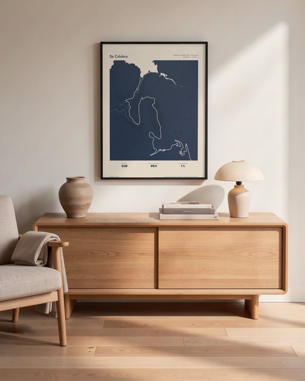 Sa Calobra Atlas Navy map poster in a black frame (45 × 60 cm) in a living room