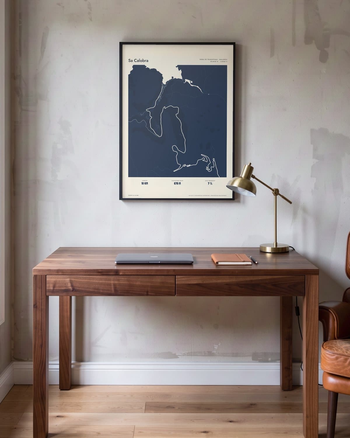 Sa Calobra Atlas Navy map poster in a black frame (45 × 60 cm) in a home office