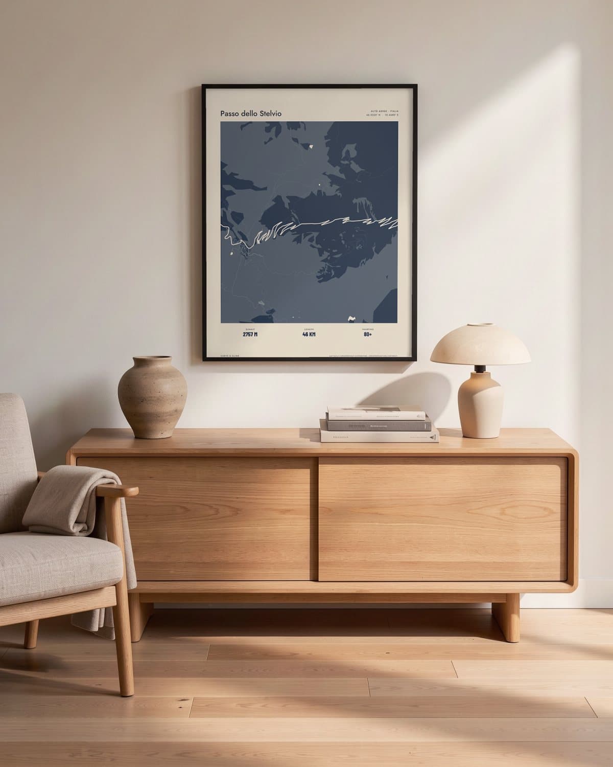 Passo dello Stelvio Atlas Navy map poster in a black frame (45 × 60 cm) in a living room