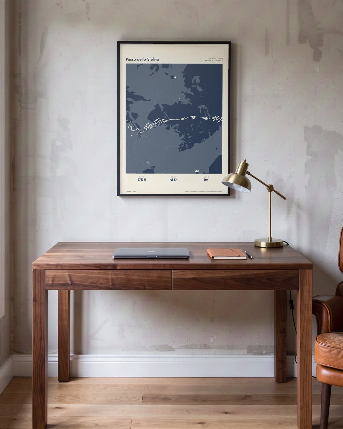 Passo dello Stelvio Atlas Navy map poster in a black frame (45 × 60 cm) in a home office
