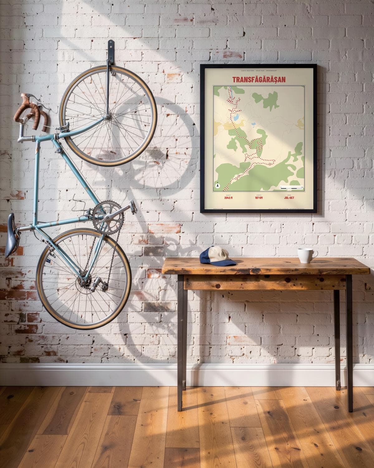 Transfăgărășan Carte Routière kaartposter in een zwarte lijst (45 × 60 cm) in een loft met een klassieke racefiets