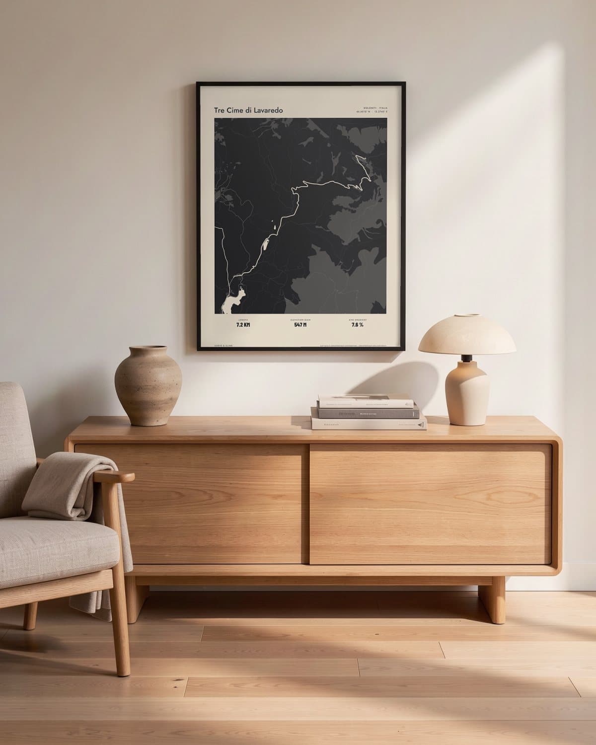 Tre Cime di Lavaredo Atlas Black map poster in a black frame (45 × 60 cm) in a living room