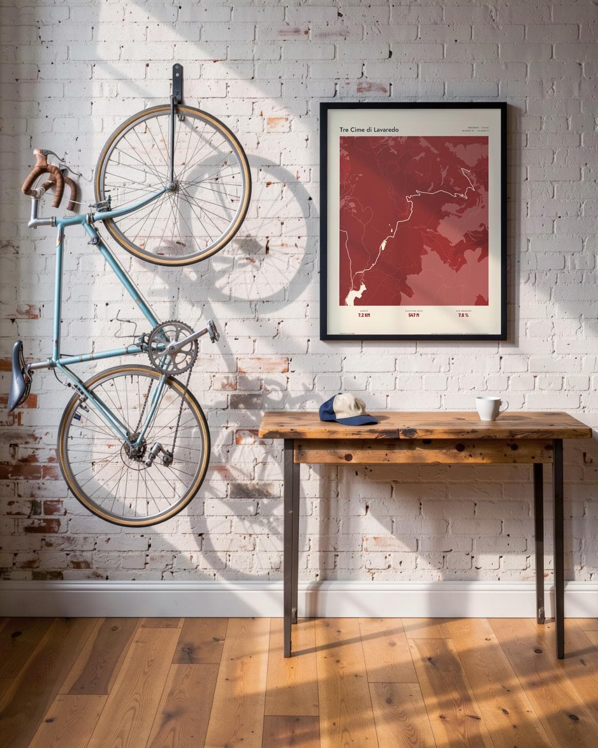 Tre Cime di Lavaredo Atlas Deep Red map poster in a black frame (45 × 60 cm) in a brick loft with a vintage bike