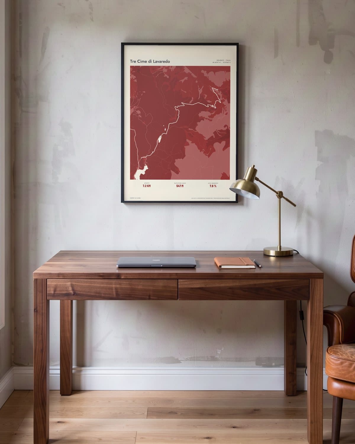 Tre Cime di Lavaredo Atlas Deep Red map poster in a black frame (45 × 60 cm) in a home office