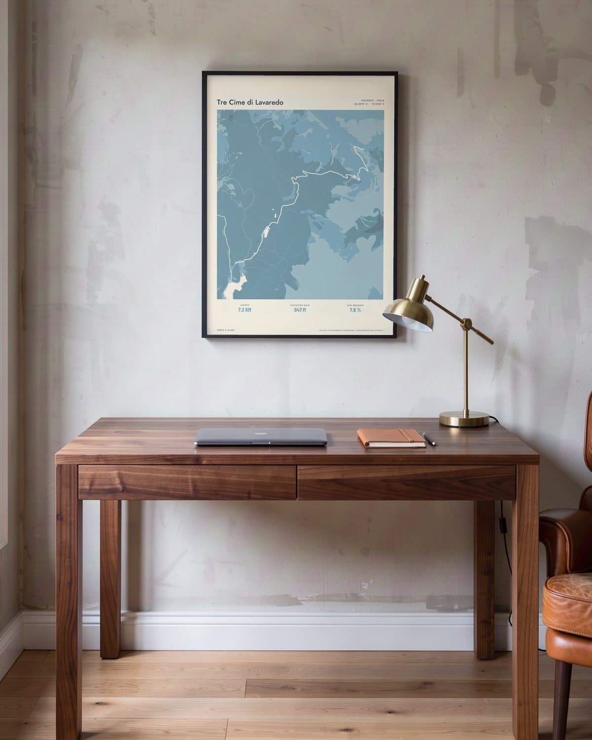 Tre Cime di Lavaredo Atlas Dusky Blue map poster in a black frame (45 × 60 cm) in a home office