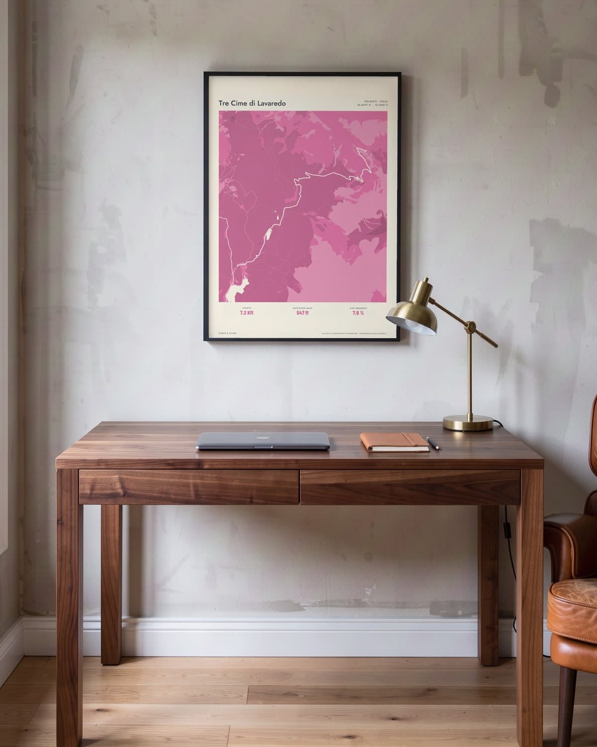 Tre Cime di Lavaredo Atlas Pink map poster in a black frame (45 × 60 cm) in a home office