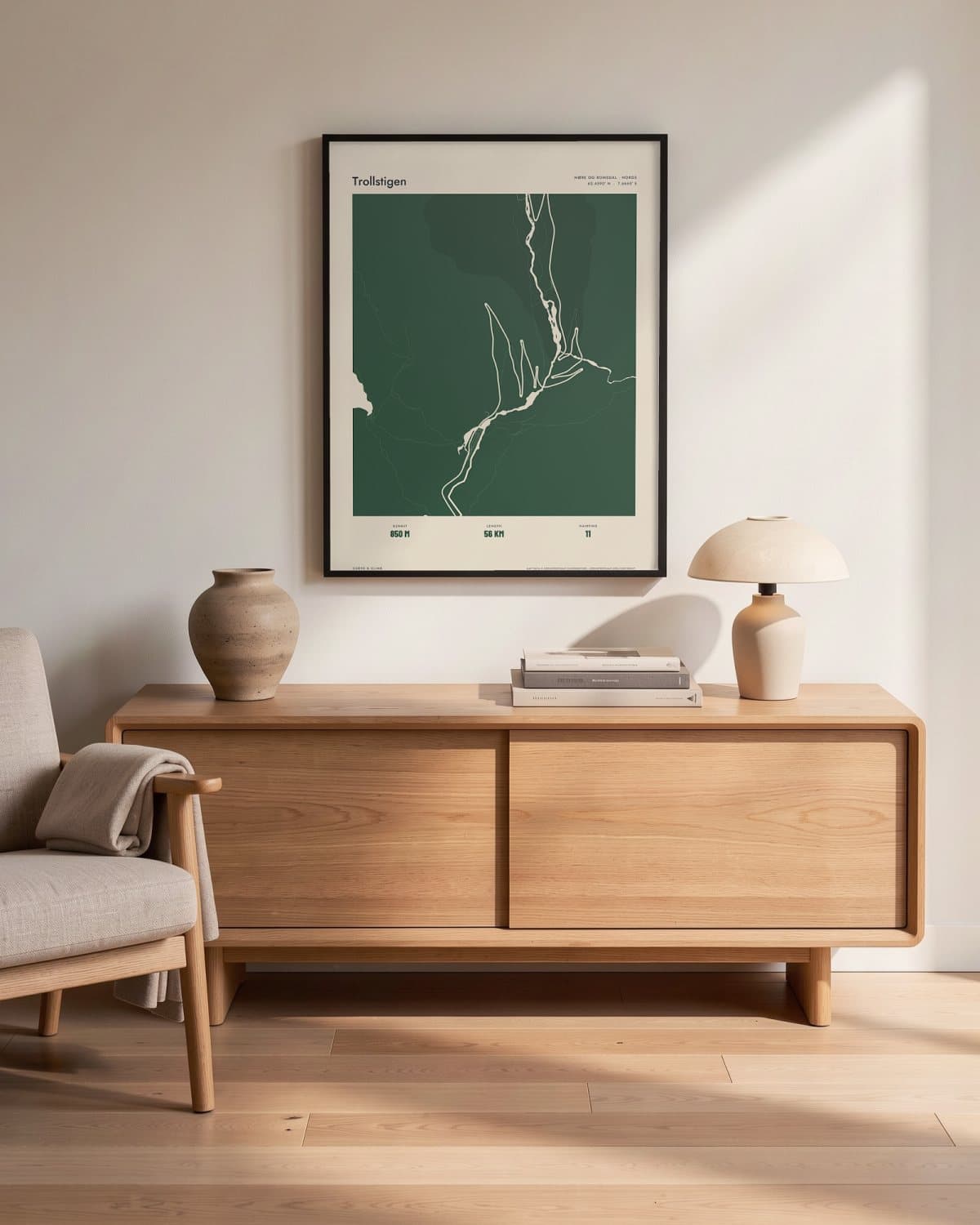Trollstigen Atlas Forest map poster in a black frame (45 × 60 cm) in a living room