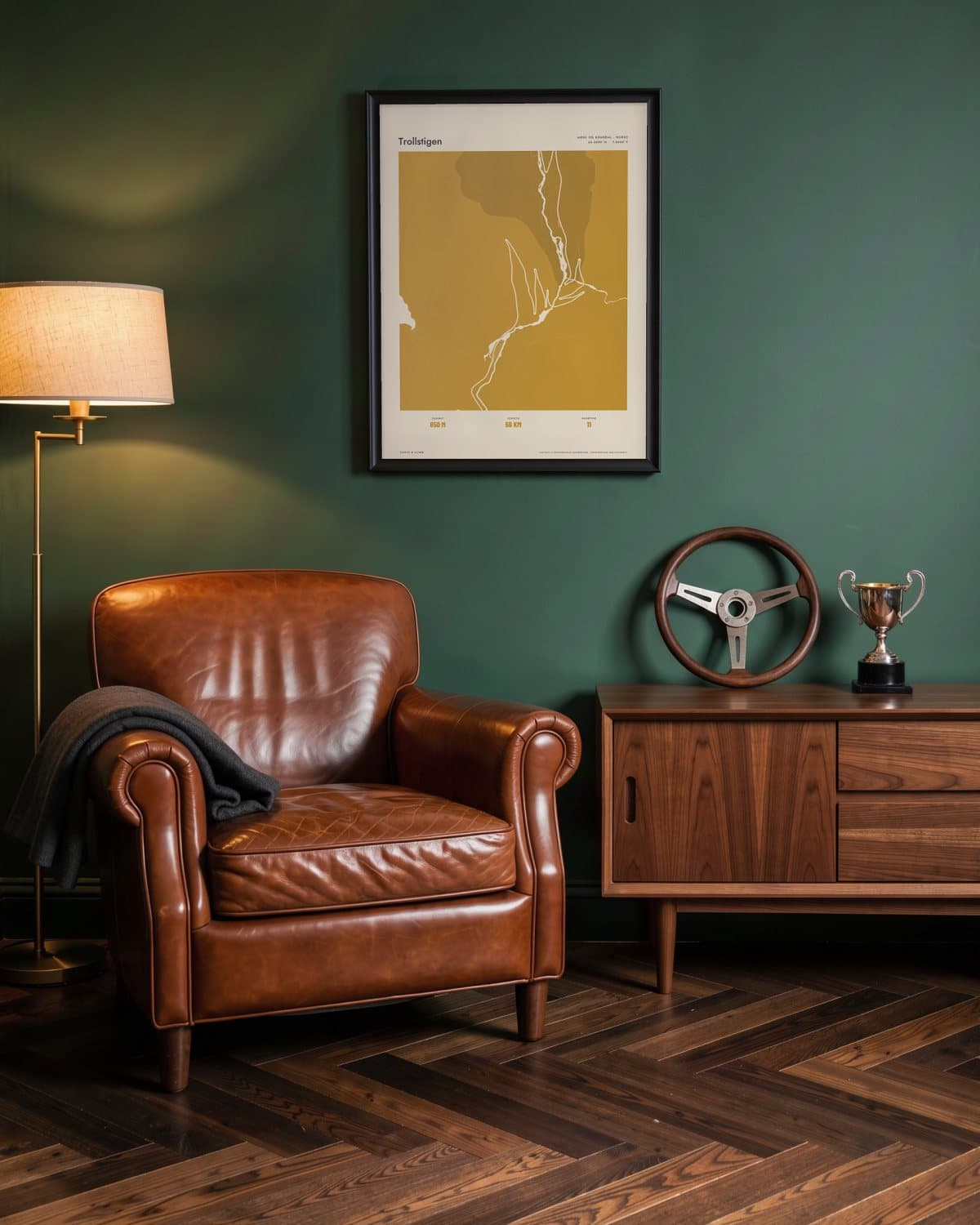Trollstigen Atlas Mustard map poster in a black frame (45 × 60 cm) in a green den