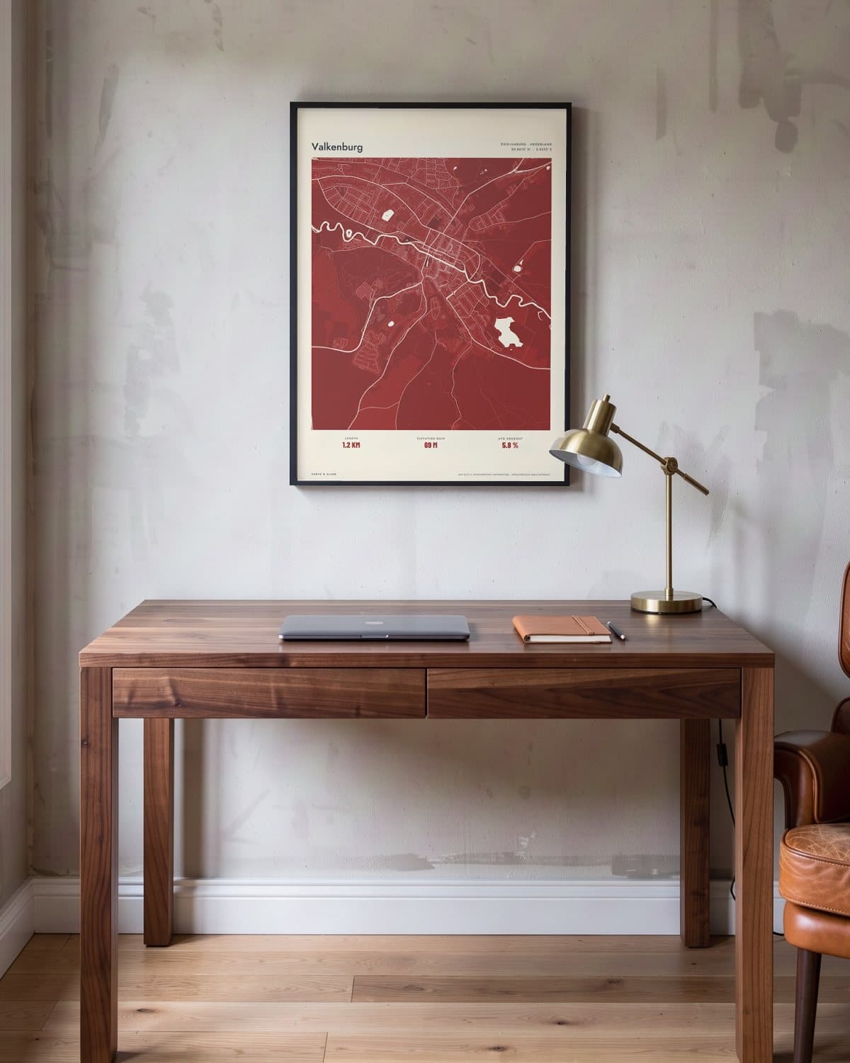 Valkenburg Atlas Deep Red map poster in a black frame (45 × 60 cm) in a home office