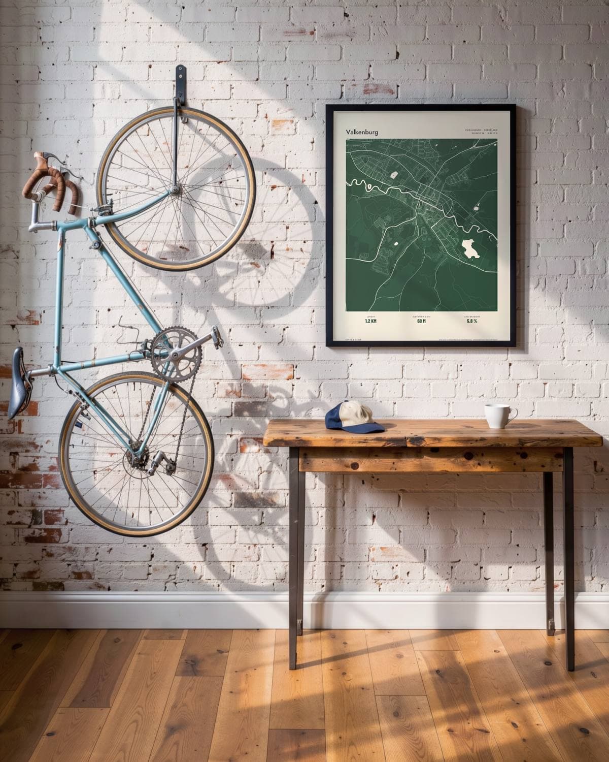 Valkenburg Atlas Forest map poster in a black frame (45 × 60 cm) in a brick loft with a vintage bike