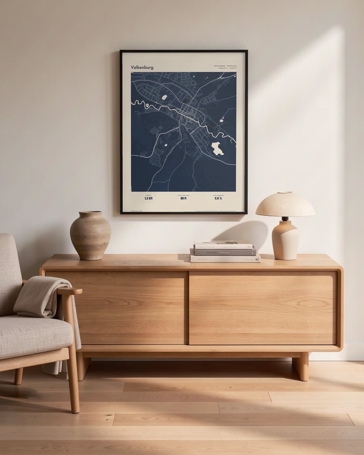 Valkenburg Atlas Navy map poster in a black frame (45 × 60 cm) in a living room