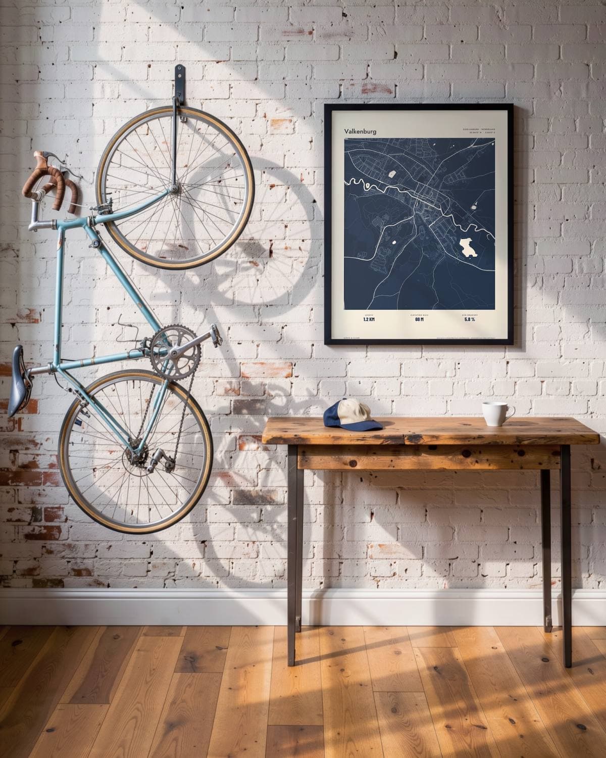Valkenburg Atlas Navy map poster in a black frame (45 × 60 cm) in a brick loft with a vintage bike