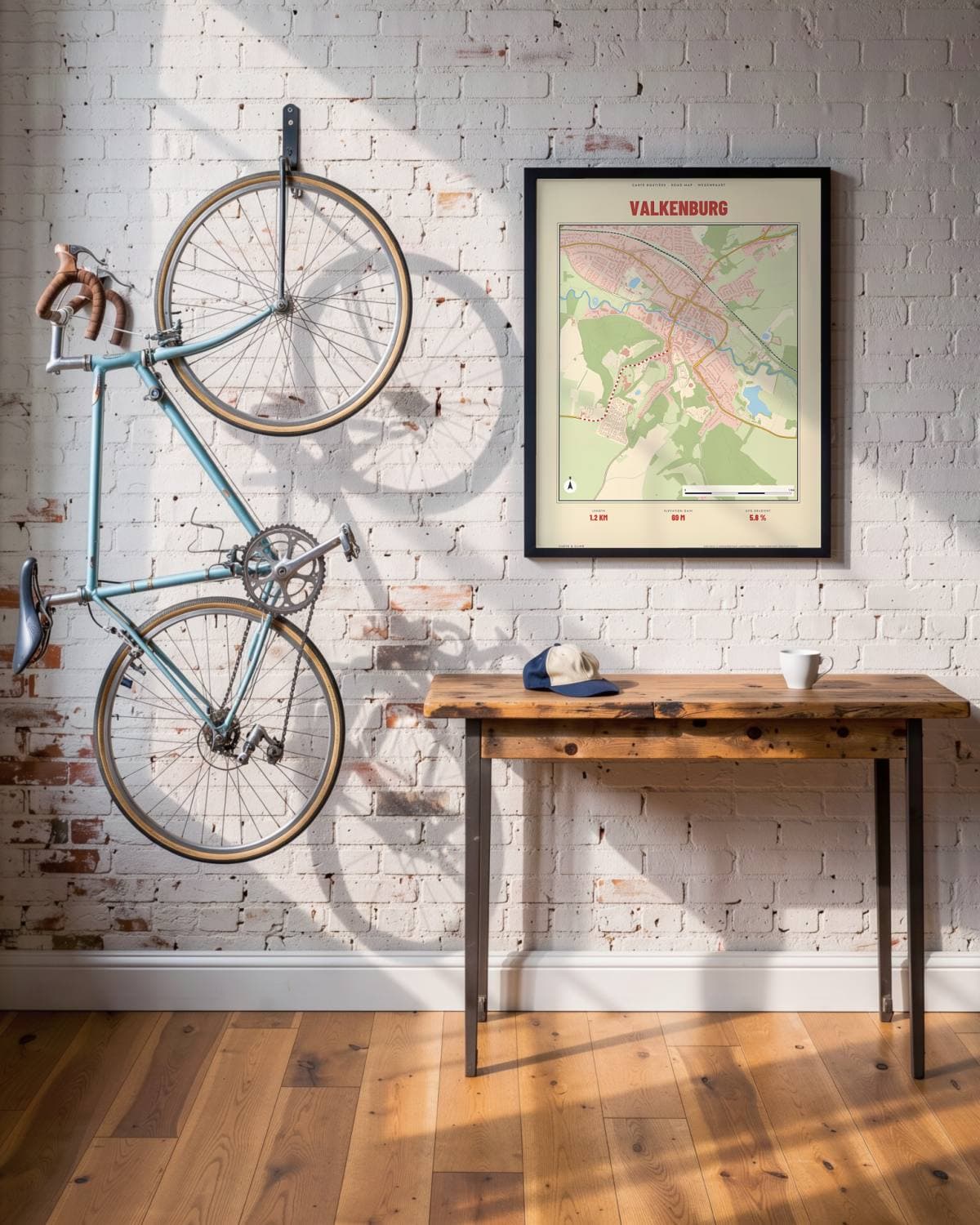 Valkenburg Carte Routière kaartposter in een zwarte lijst (45 × 60 cm) in een loft met een klassieke racefiets