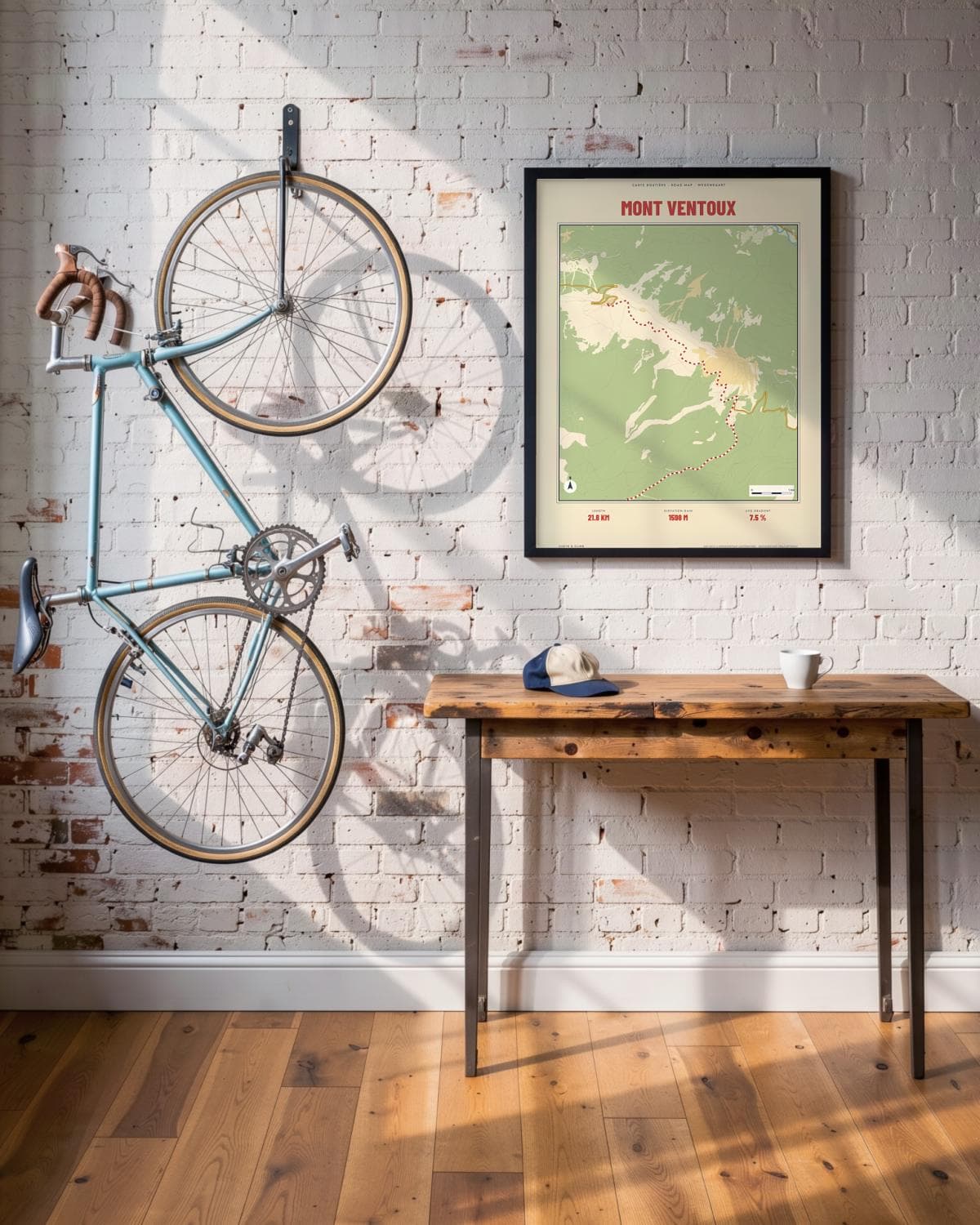 Mont Ventoux Carte Routière map poster in a black frame (45 × 60 cm) in a brick loft with a vintage bike