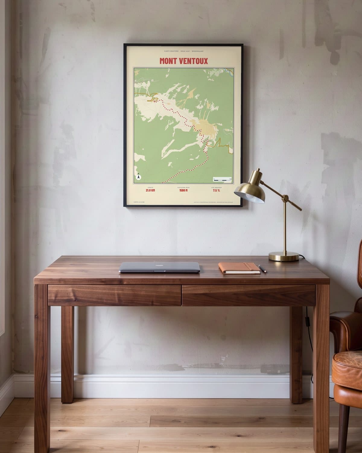 Mont Ventoux Carte Routière map poster in a black frame (45 × 60 cm) in a home office